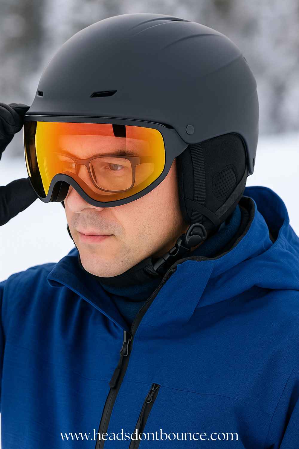 Skier adjusting visor over prescription glasses — easy OTG fit