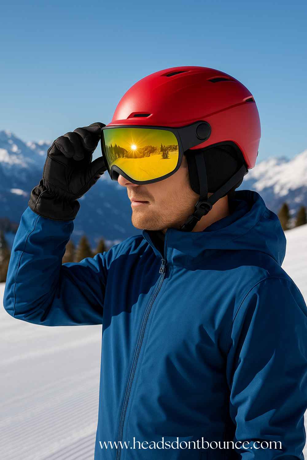 Skier flipping down visor in bright sun — sunny day lens usage