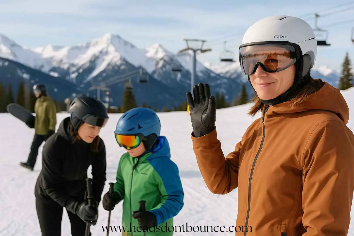 Lively ski resort scene with people in visor helmets across different distances; some skiing, some snowboarding, and some standing talking with snow-covered mountains and trees under a clear sky.