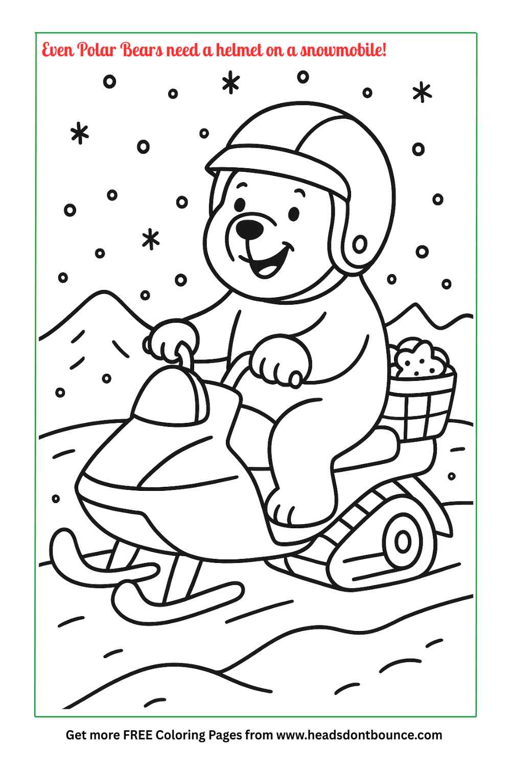 Coloring page: A cartoon polor bear riding a snowmobile and wearing a snowmobile helmet. There is a basket on the back with presents.