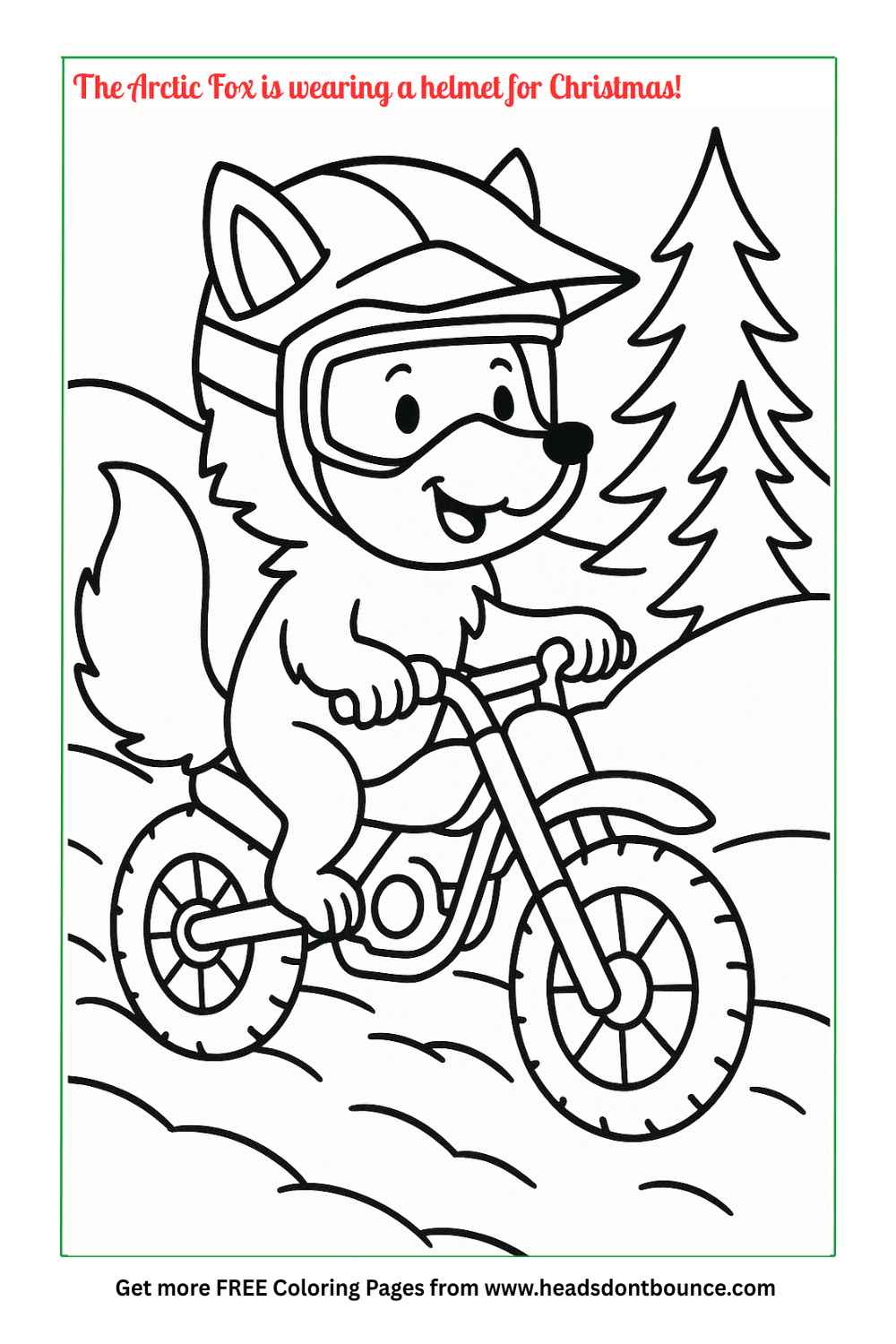Coloring page: A cartoon arctic fox riding a dirt bike in a snowy scene with 2 pine trees in the background. The fox is wearing a off-road helmet.