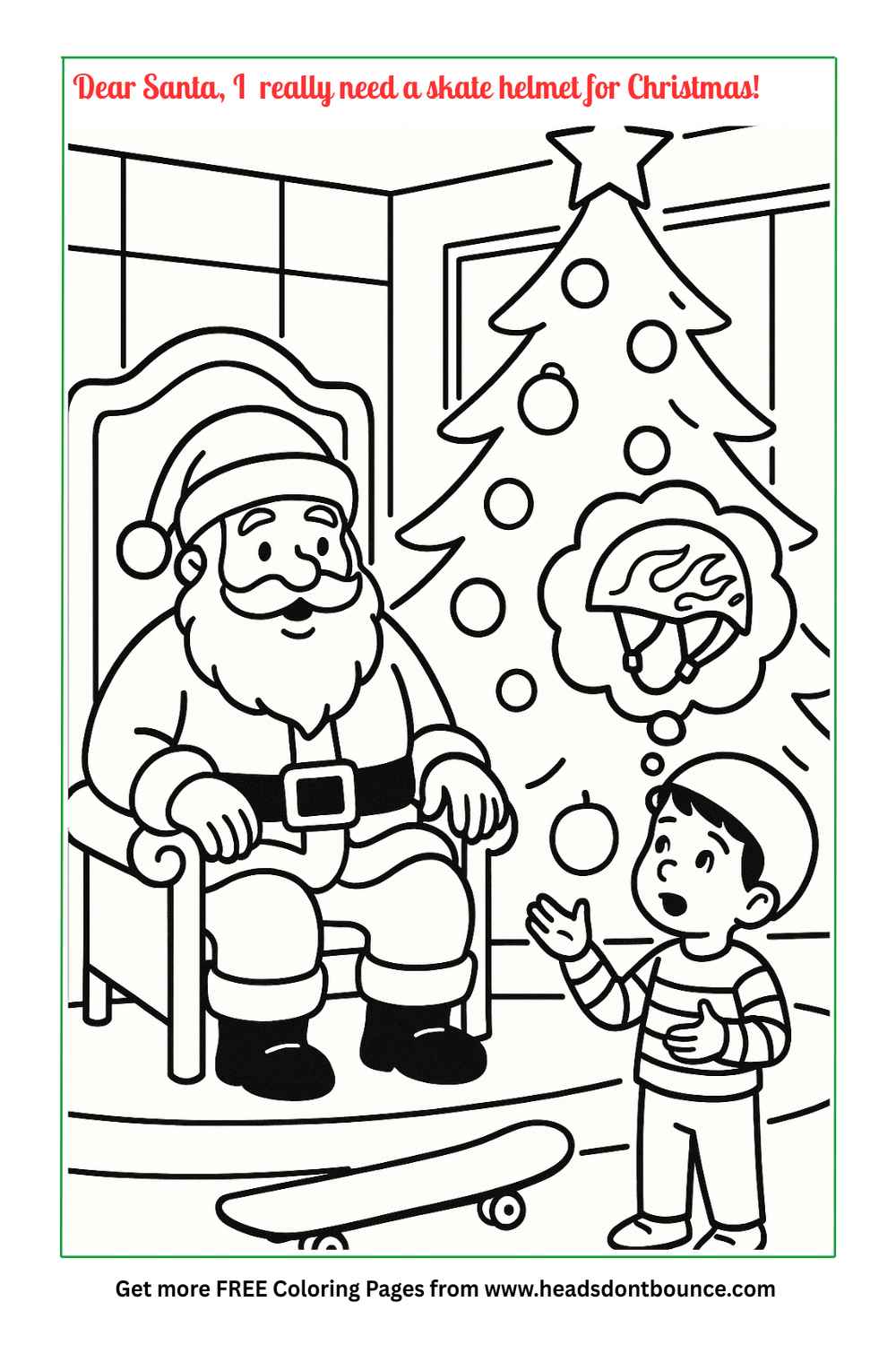 Coloring page: Santa Claus is sitting in his chair next to a tall decorated Xmas tree. A young boy is talking to Santa. On the floor there is a skateboard. We can see the boy is thinking of a skate helmet decorated with flames.