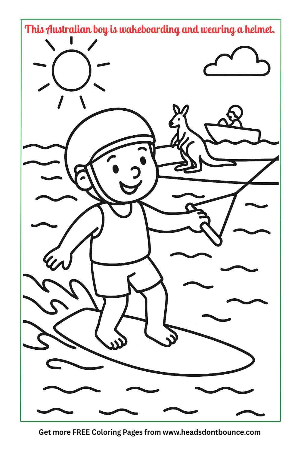 Coloring page: There is a kangaroo on the beach. In the water is a young boy wakeboarding and wearing a watersport helmet. The sun is shining.