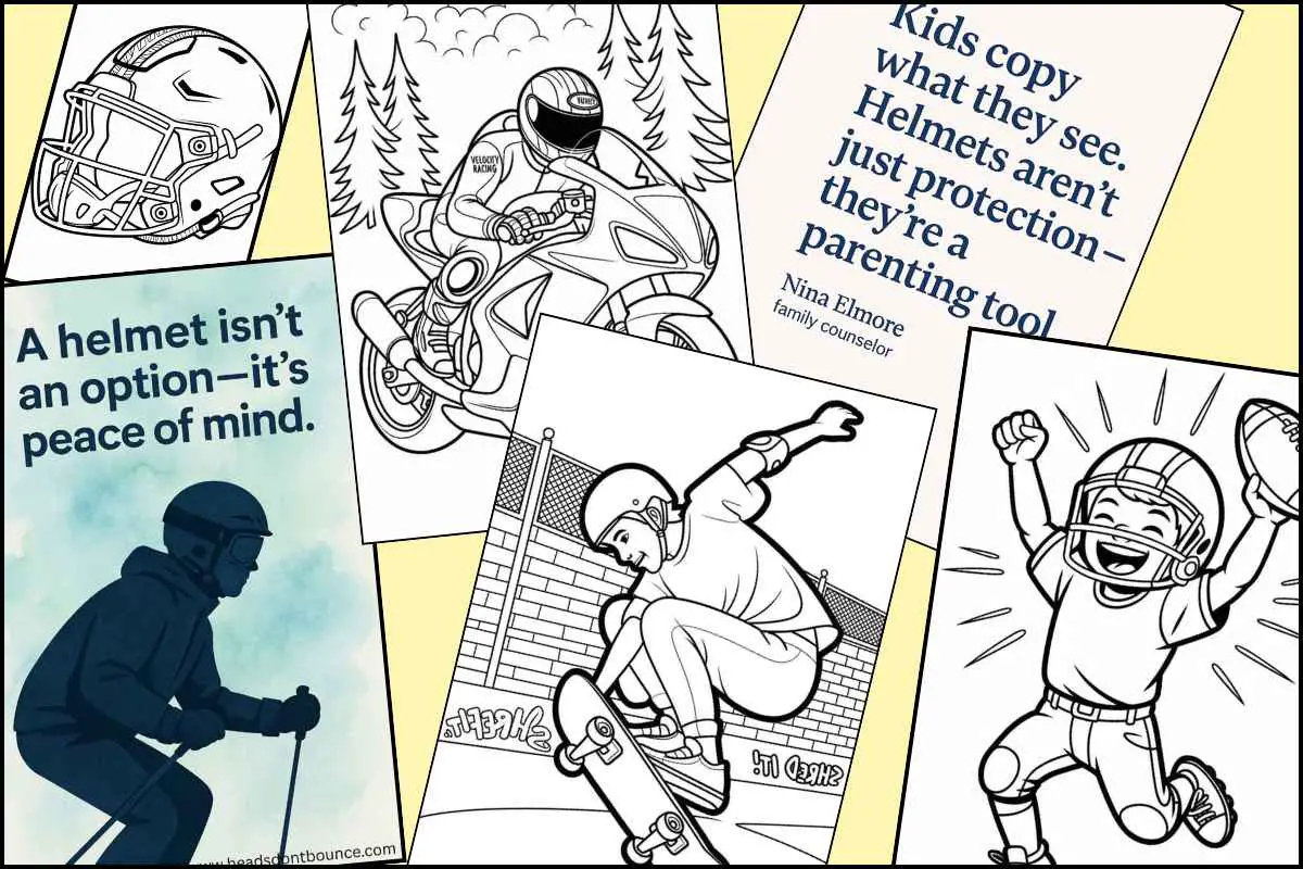 A collage of images of 4 kids coloring pages and 2 helmet quote posters.