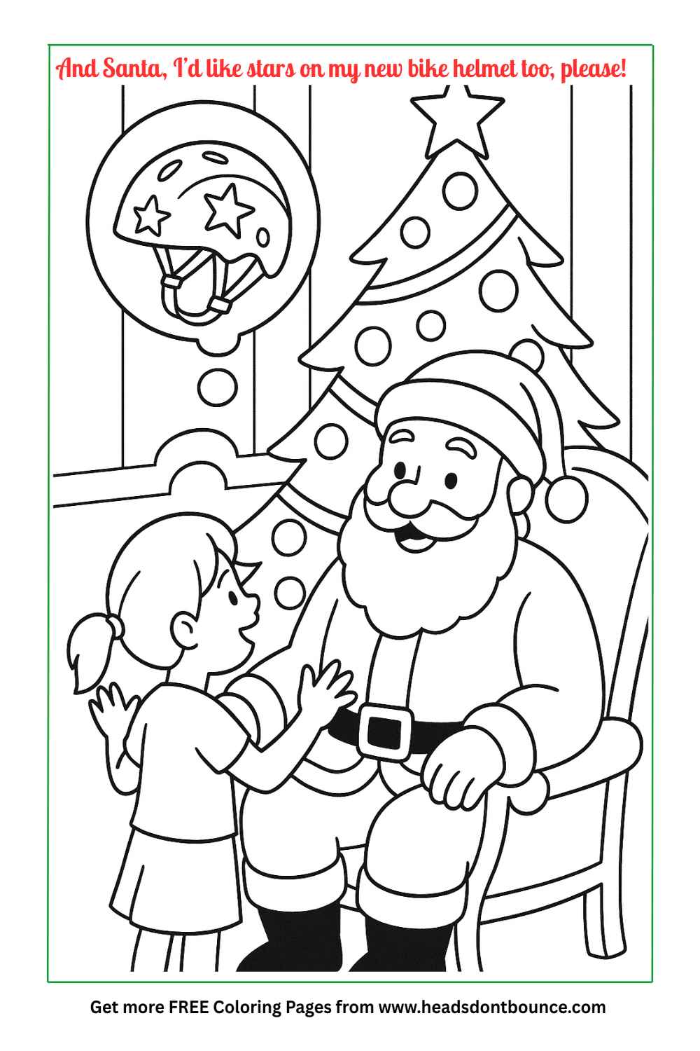 Coloring page: A young girl is talking to Santa Claus as he sits in front of a tall Xmas tree. There is a thought bubble above her head showing that she is thinking of a bicycle helmet with stars on it.