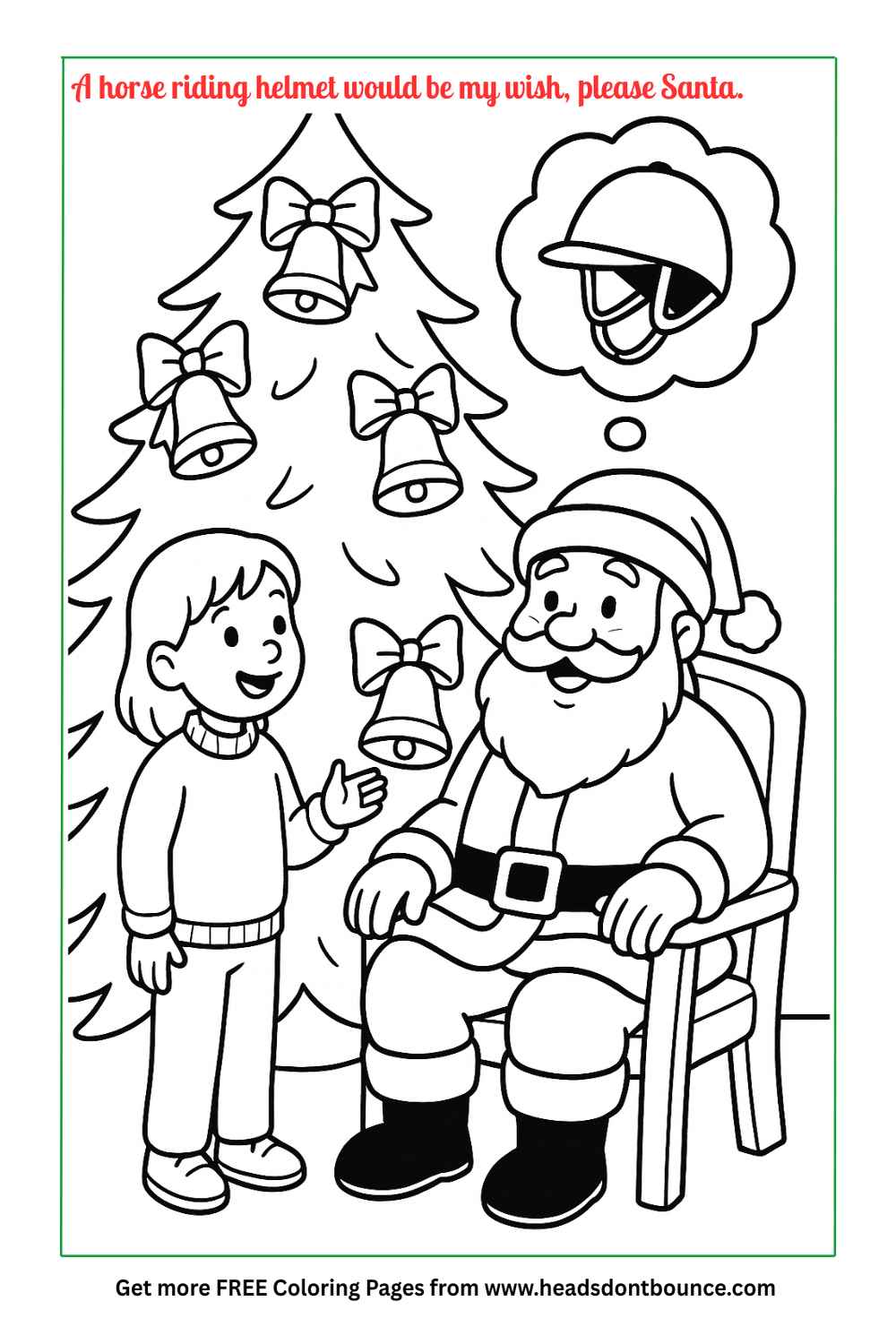 Coloring page: A girl aged about 10 is talking to Santa who is sitting beside a tall Xmas tree decorated with large bells and ribbons. We can see that Santa is thinking of a horse riding helmet.