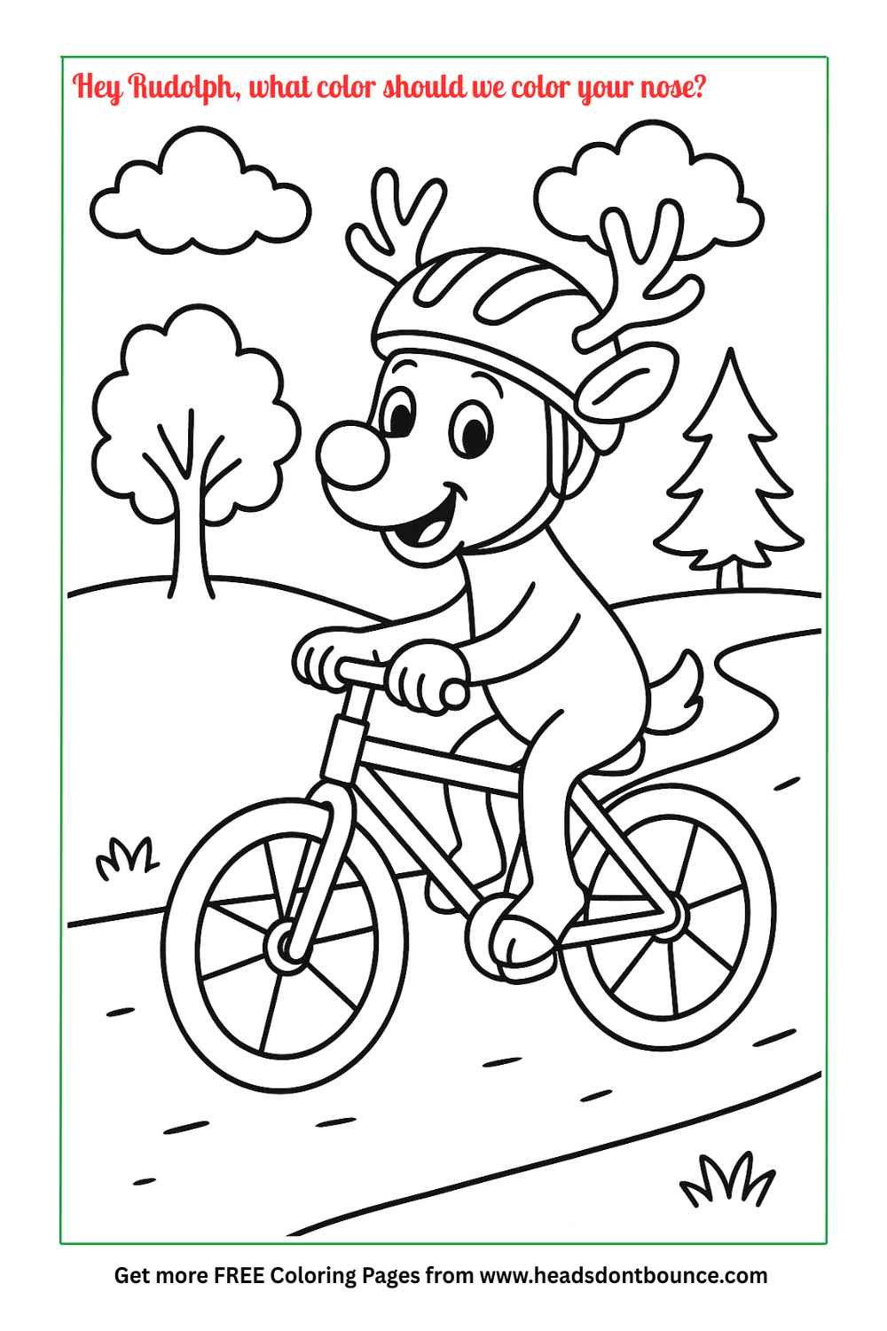 Coloring page: Rudolph the reindeer is riding a bicycle along a path. He is wearing a cycling helmet. There are some trees and clouds in the distance.
