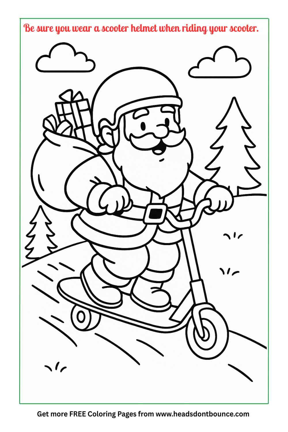 Coloring page: Santa is riding a small scooter along a trail as he carries a sack of toys over his shoulder. He is wearing a skate helmet. There are some trees and clouds in the distance.