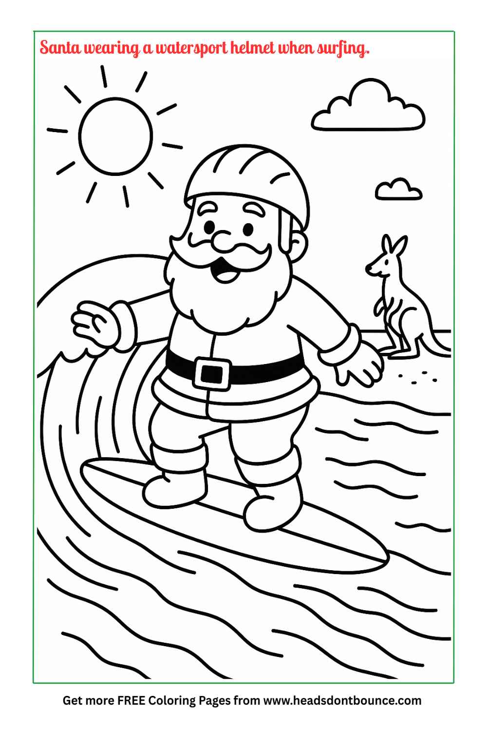 Coloring page: Santa is surfing in Australia. There is a kangaroo on the beach. Santa is wearing a watersport helmet for protection.