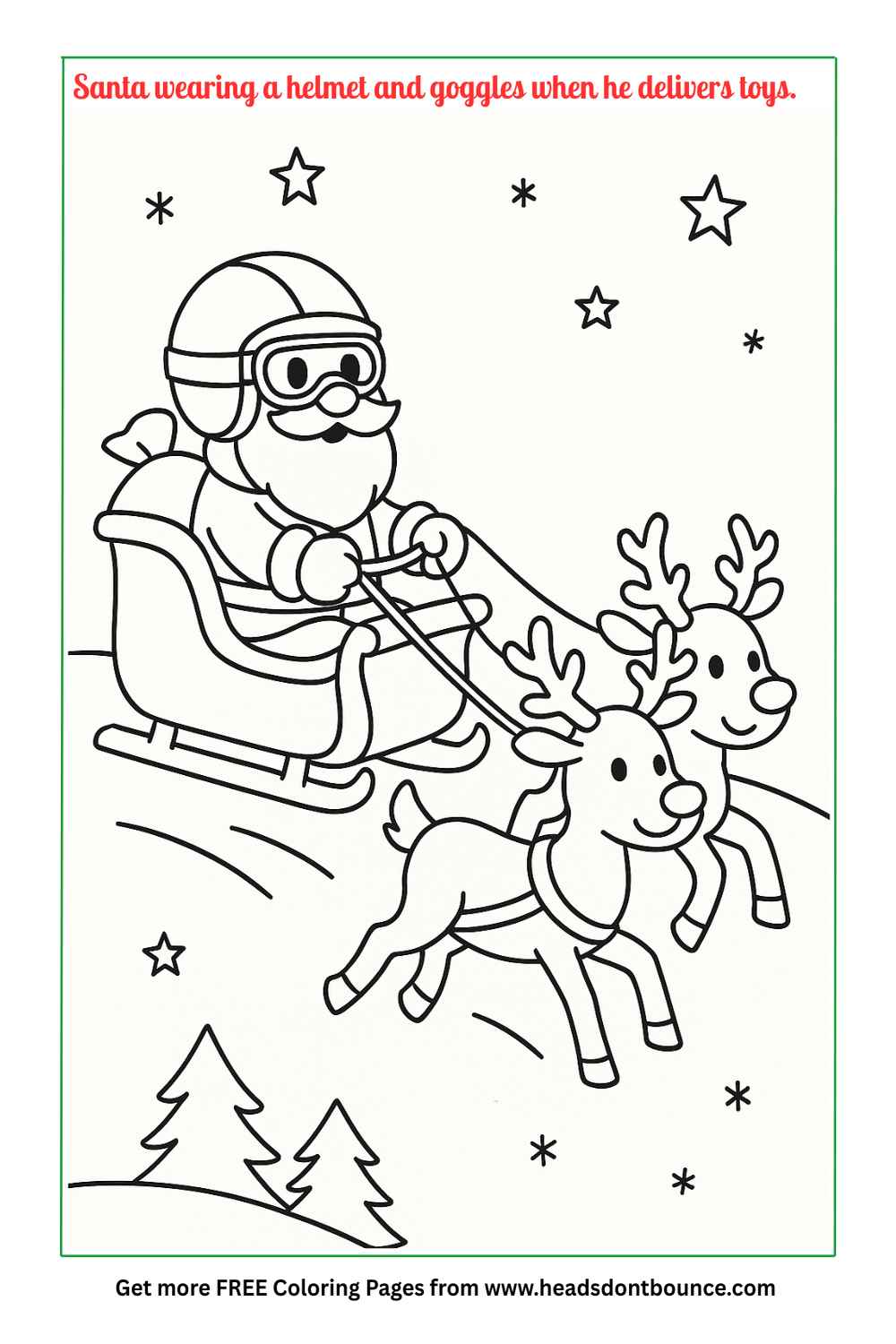 Coloring page: Santa is in his sleigh being pulled along by two reindeer. He has a sack of toys in his sleigh. He is wearing a helmet and aviator goggles.