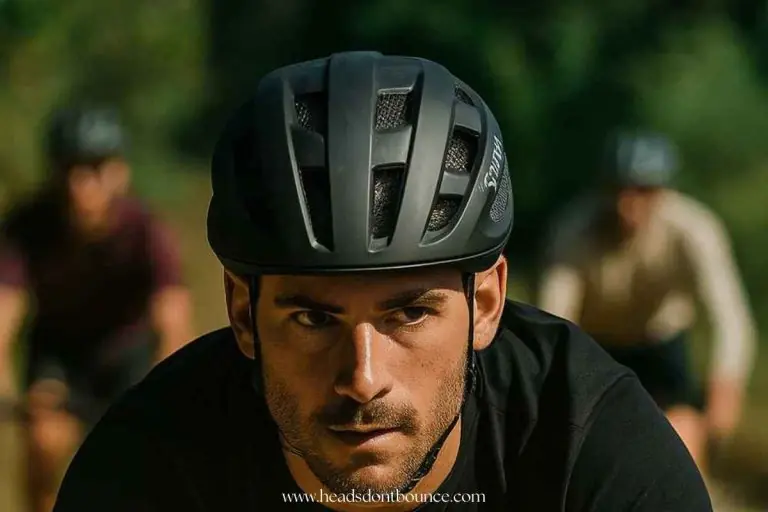 A man wearing a black Smith Triad gravel bike helmet and a black t-shirt. There appear to be more cyclists behind him.