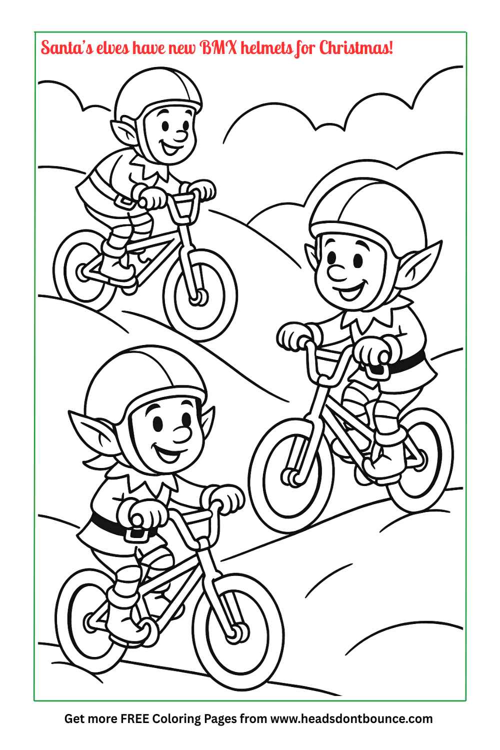 Coloring page: There are 3 elves riding BMX bikes over snowy moguls. They are wearing bicycle helmets and having fun.