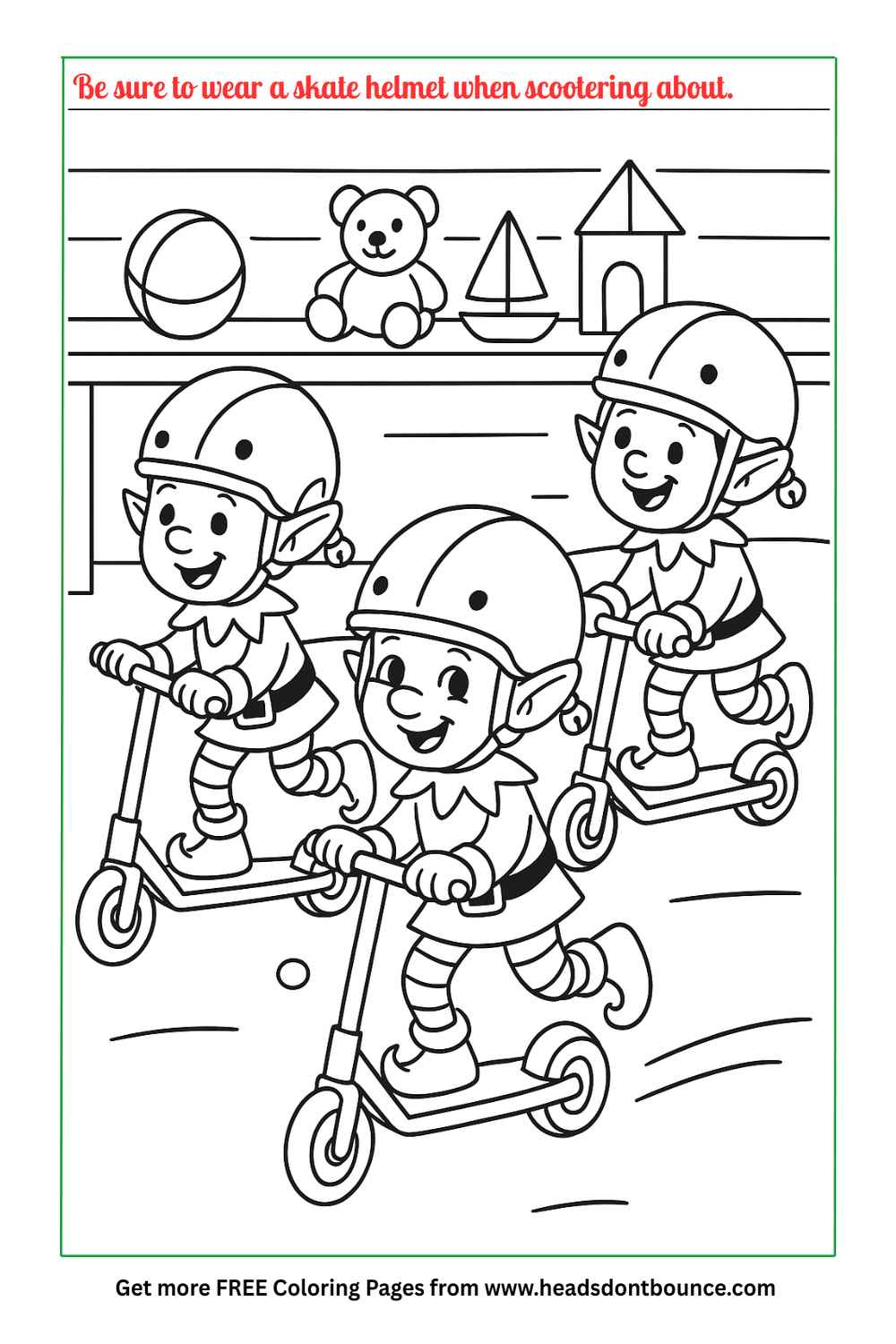 Coloring page: Inside Santa's workshop, three elves are riding scooters and wearing skate helmet. There are toys on the shelf behind them.