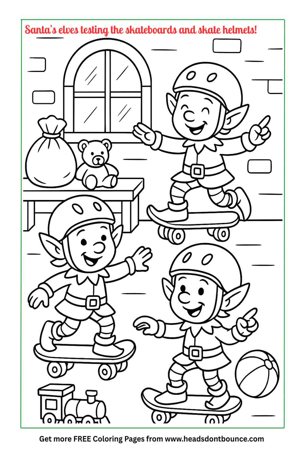 Coloring page: Three elves are riding skateboards in Santa's workshop. The elves are wearing skate helmets. There are various toys on the floor.