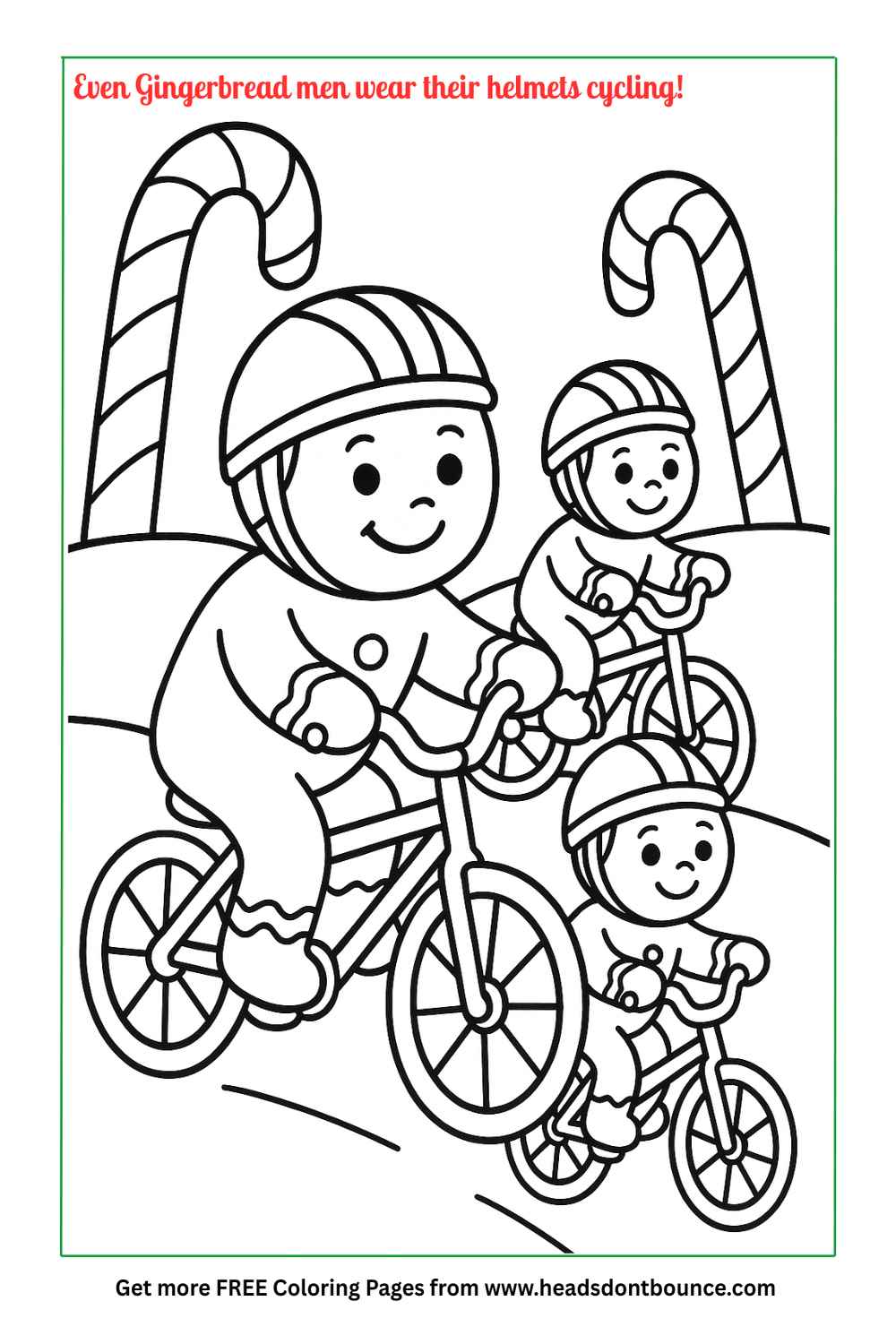 Coloring page: A father gingerbread man and two younger gingerbread boys cycling together. They are all wearing cycling helmets. There are some giant candy canes in the background.