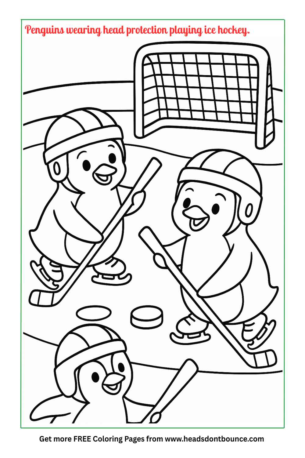 Coloring page: Three young penguins playing ice hockey. The hockey goal is behind them. They are wearing helmets and holding hockey sticks.