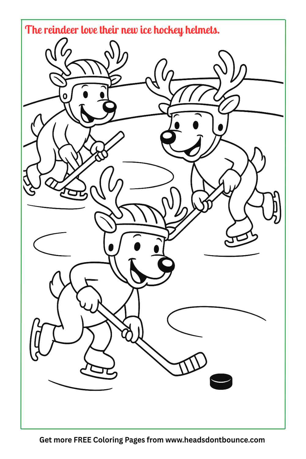 Coloring page: Three reindeer are having a great time playing ice hockey. They are wearing hockey helmets and holding hockey sticks.