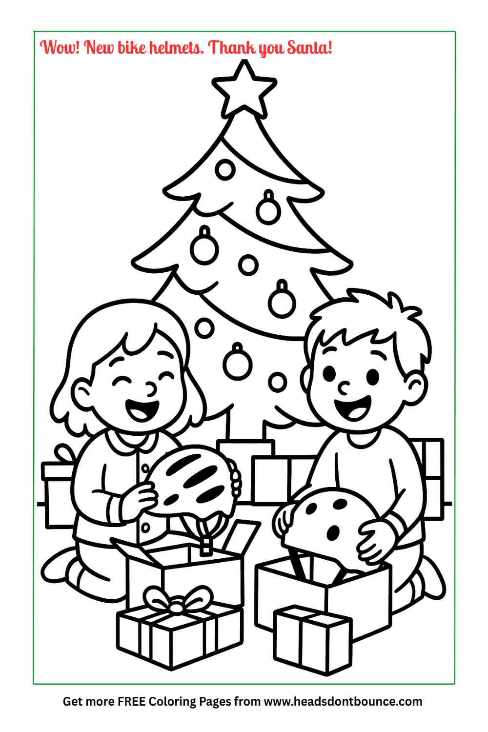 Coloring page: Two children are sitting on the floor in front of a big Xmas tree. There are many presents under the tree. The children have just unwrapped two gifts which are two bicycle helmets.