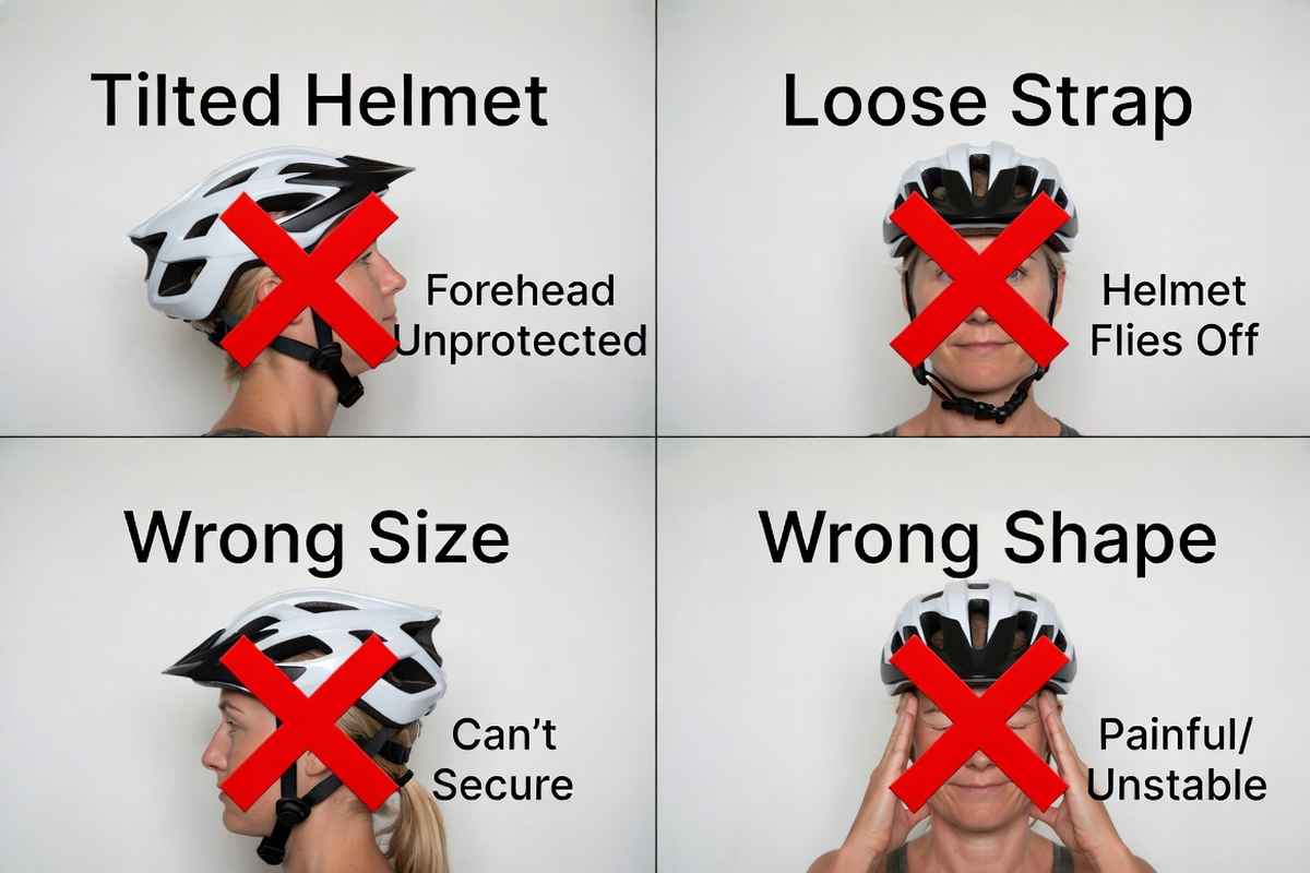 Infographic showing common bicycle helmet fitting mistakes including hat tilt, loose strap, wrong size, and wrong shape.