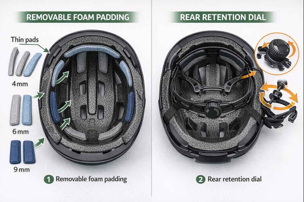 Overhead cutaway view of bicycle helmet interior showing foam padding thickness options and rear retention dial system.