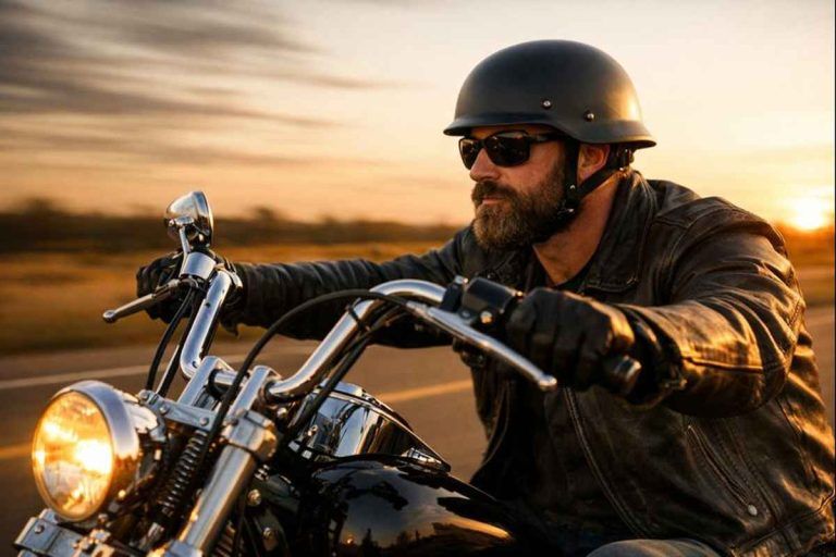 Rugged bearded motorcyclist wearing a German-style half helmet riding a classic chrome chopper at golden hour