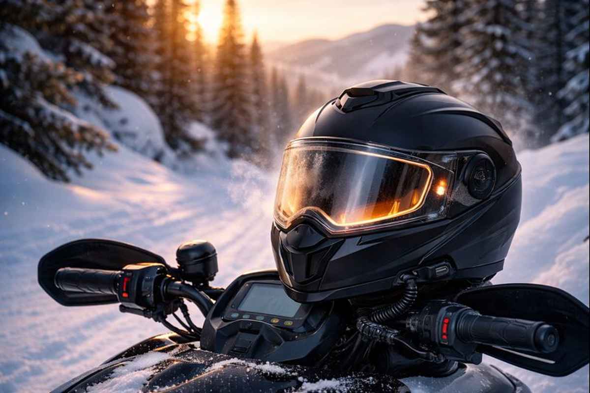 Snowmobile helmet with heated glowing visor resting on handlebars on a snowy mountain trail at sunset