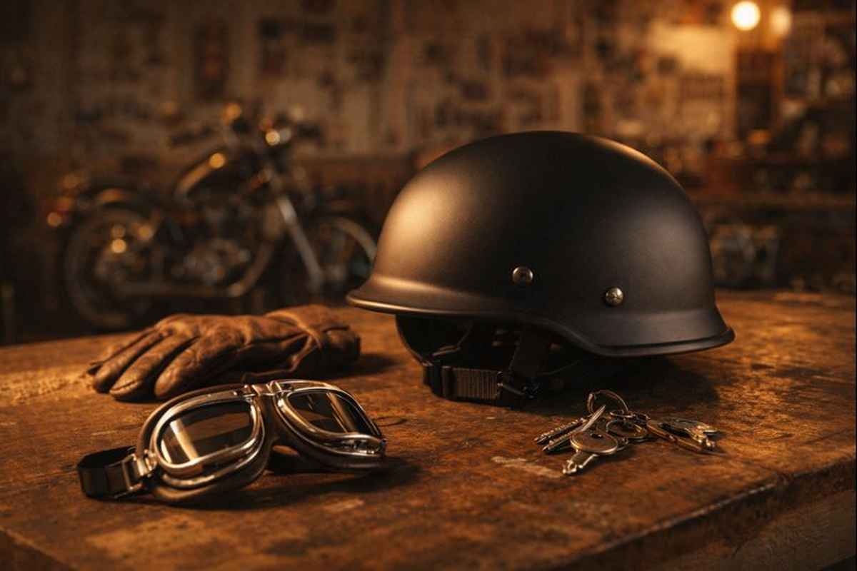 Vintage German-style half shell motorcycle helmet on a workbench with gloves, goggles, and keys