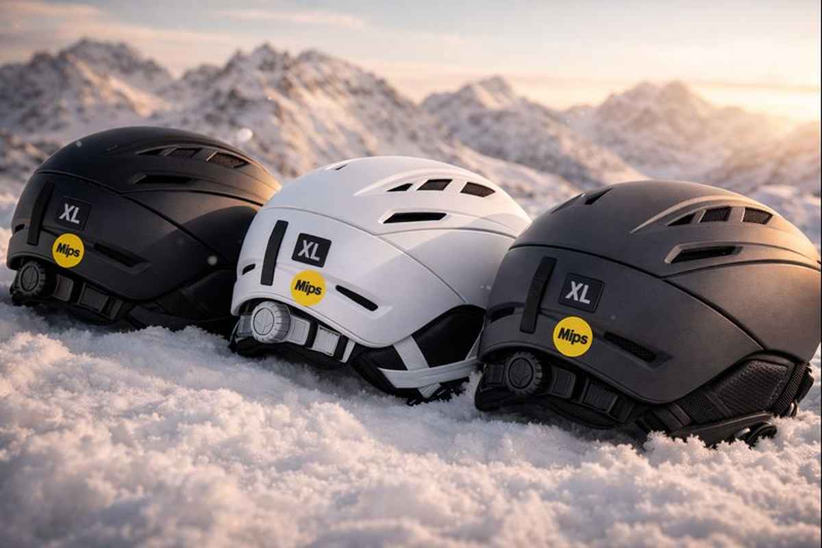 XL ski helmets with MIPS safety system displayed on snow with alpine mountain background