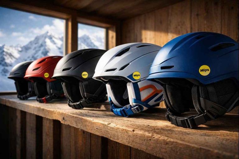 Colorful MIPS ski helmets displayed on a wooden ski lodge shelf with snowy mountains in background.