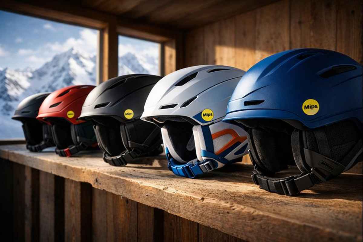 Colorful MIPS ski helmets displayed on a wooden ski lodge shelf with snowy mountains in background.