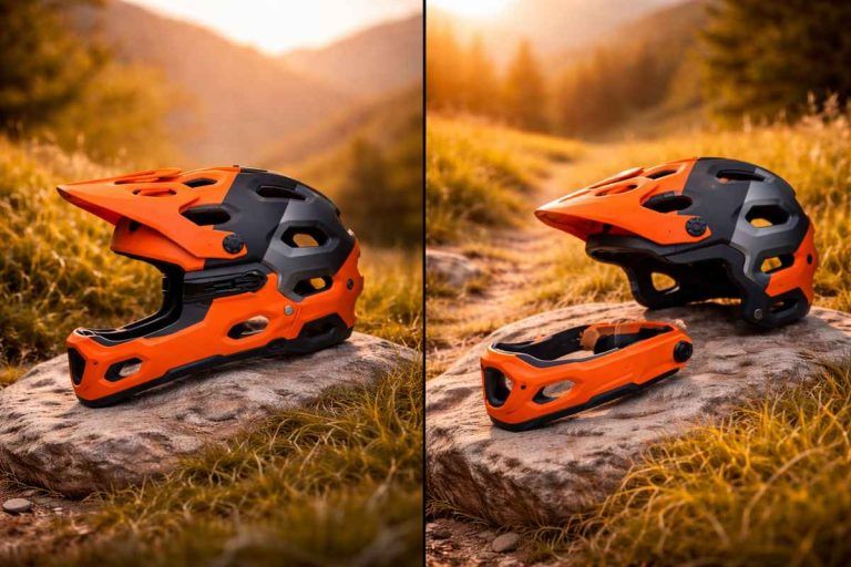 Convertible MTB helmet comparison showing full-face helmet with chin bar and half-shell helmet without chin bar.