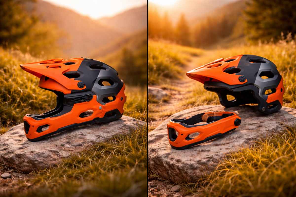 Convertible MTB helmet comparison showing full-face helmet with chin bar and half-shell helmet without chin bar.