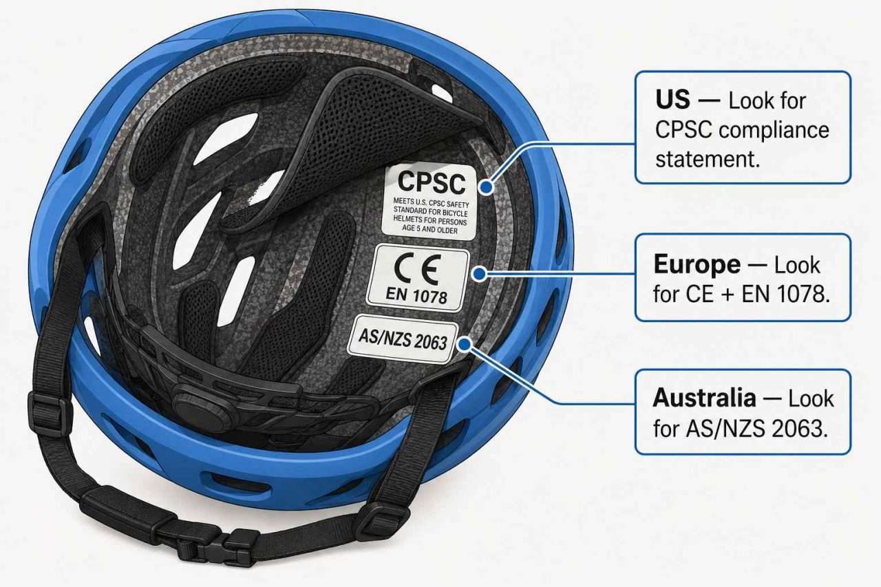 Annotated illustration of a bicycle helmet interior showing CPSC, CE EN 1078, and AS/NZS 2063 certification labels beneath lifted comfort padding.