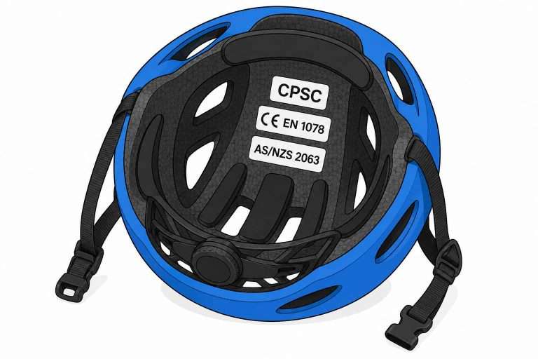 Flat-style illustration of the inside of a blue bicycle helmet showing CPSC, CE EN 1078, and AS/NZS 2063 certification stickers.