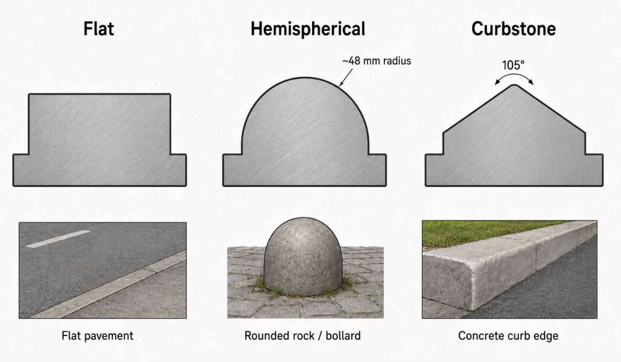 Diagram comparing flat, hemispherical, and curbstone anvils used in bicycle helmet certification testing.