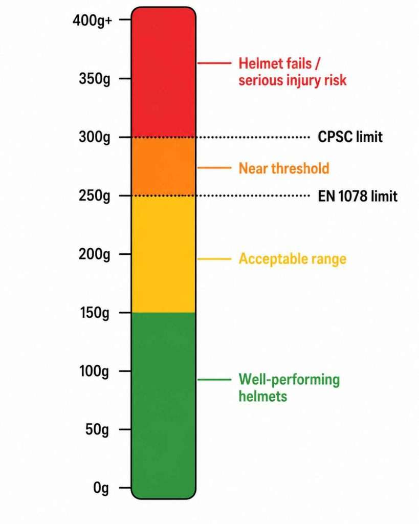 G-force scale infographic for bicycle helmet testing showing green, yellow, orange, and red performance zones with EN 1078 and CPSC limit lines.