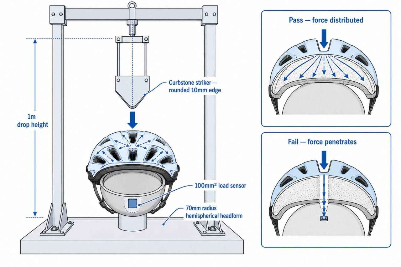 Technical diagram of a bicycle helmet point-loading test with a curbstone striker, hemispherical headform, load sensor, and pass-fail comparison panels.