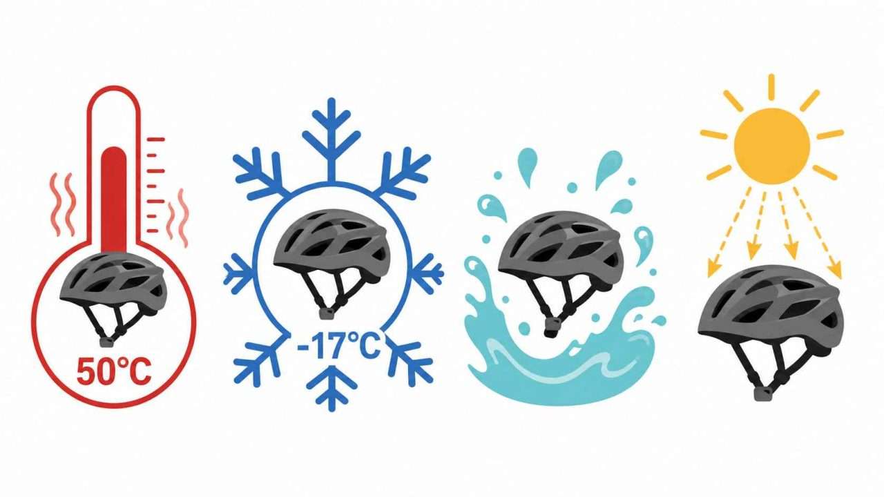 Four-panel infographic showing bicycle helmet pre-treatment conditioning for heat at 50°C, cold at -17°C, water exposure, and UV sun exposure.