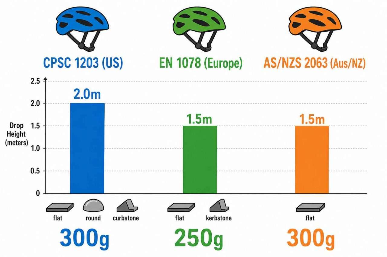 Infographic comparing CPSC 1203, EN 1078, and AS/NZS 2063 bicycle helmet safety standards by drop height, anvil types, and maximum g-force.