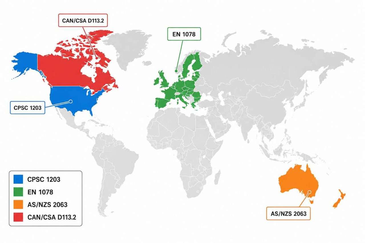 World map infographic showing bicycle helmet safety standards by region, including CPSC 1203 in the United States, EN 1078 in Europe and the UK, AS/NZS 2063 in Australia and New Zealand, and CAN/CSA D113.2 in Canada.