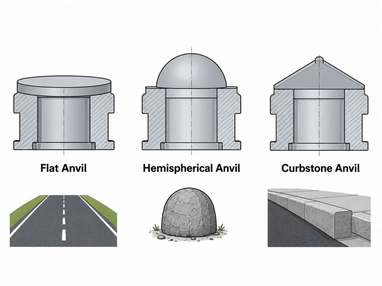 Technical illustration comparing flat, hemispherical, and curbstone anvils used in bicycle helmet testing.