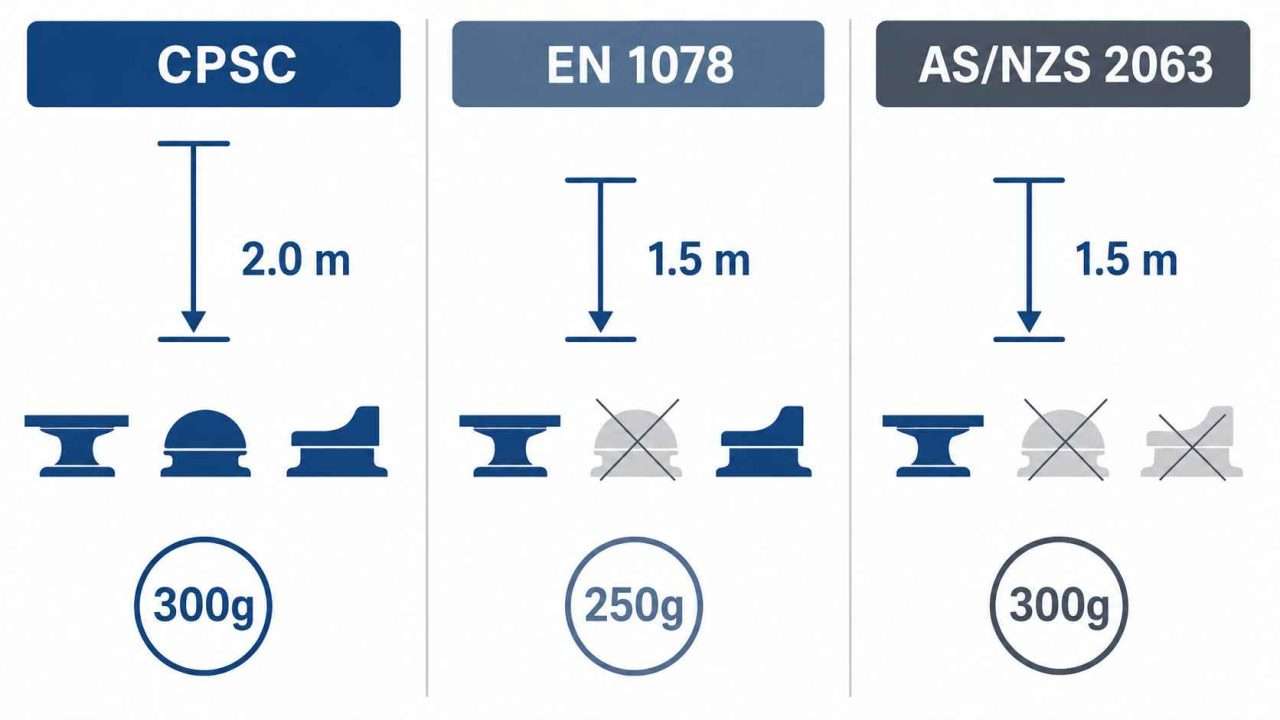 Comparison infographic of CPSC, EN 1078, and AS/NZS 2063 bicycle helmet testing standards showing drop heights, anvil types, and g-force limits.