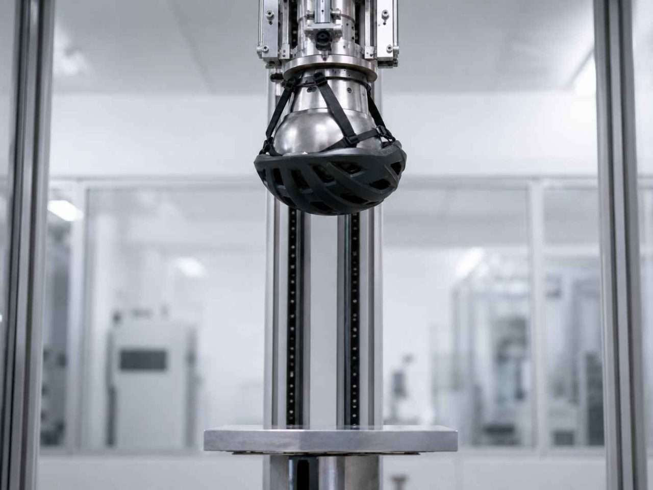 Bicycle helmet strapped to a metallic headform on a vertical drop test rig above a steel flat anvil in a clean laboratory.