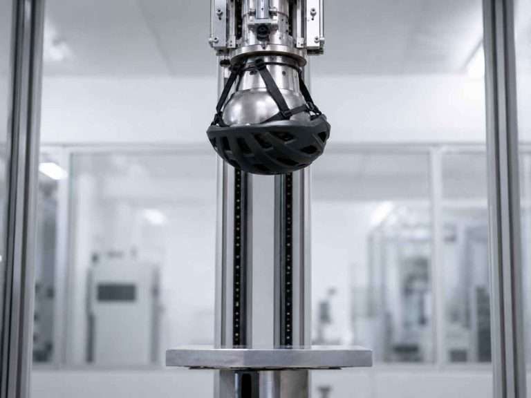 Bicycle helmet strapped to a metallic headform on a vertical drop test rig above a steel flat anvil in a clean laboratory.
