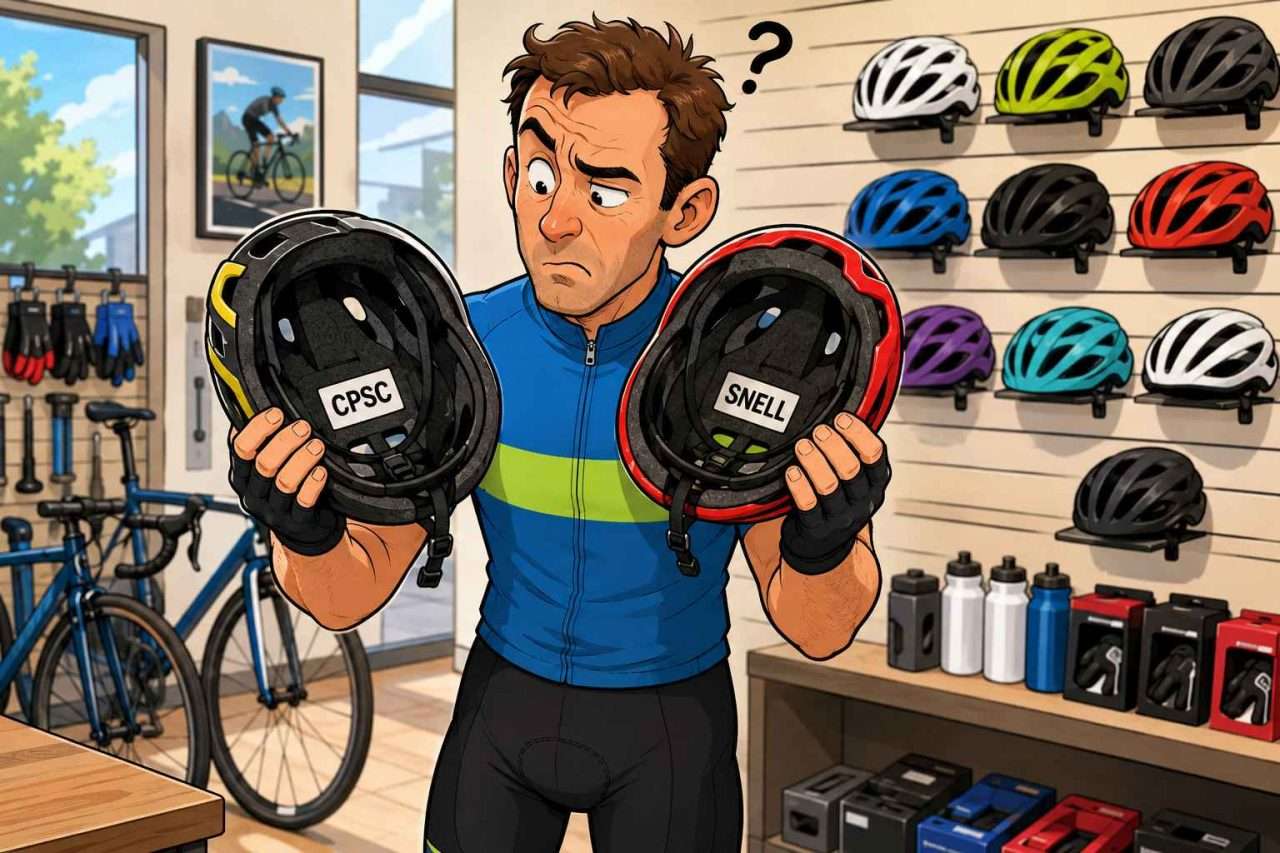 Confused cyclist compares CPSC and SNELL labels inside two bike helmets while standing in a bicycle shop.