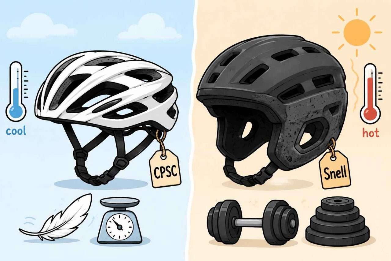 Cartoon comparison of a light, well-vented CPSC bicycle helmet and a heavier, bulkier Snell bicycle helmet.