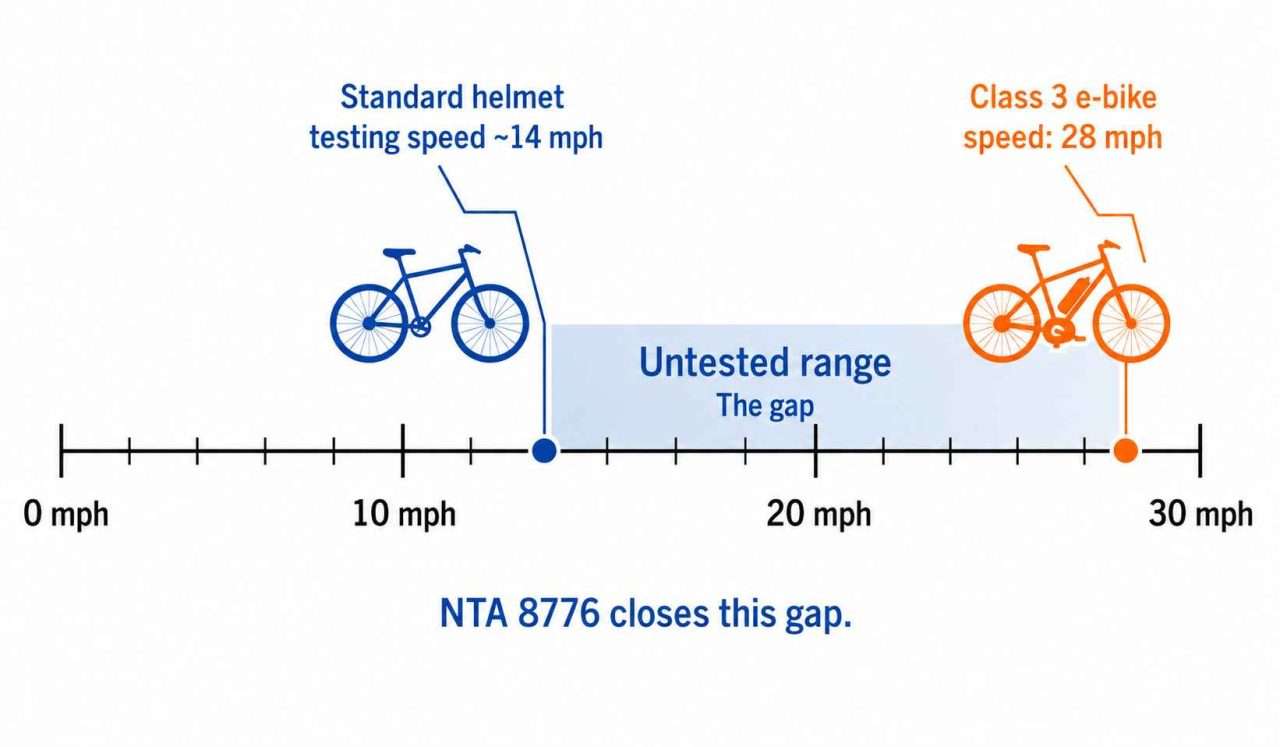 Infographic showing the speed gap between standard bicycle helmet testing at about 14 mph and Class 3 e-bike speed at 28 mph, with the untested range highlighted.