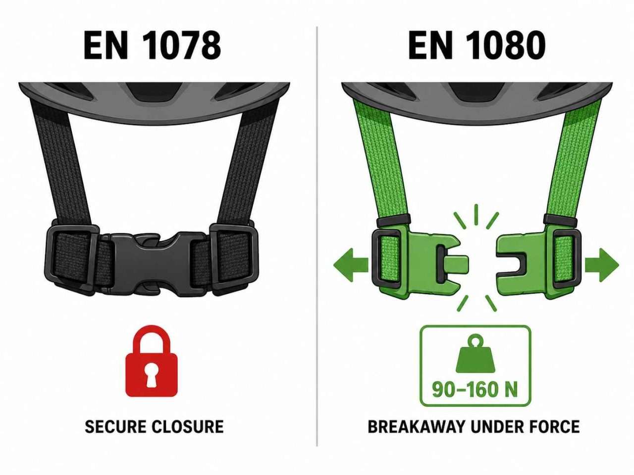Infographic comparing EN 1078 secure helmet buckle closure with EN 1080 green breakaway buckle release under force.