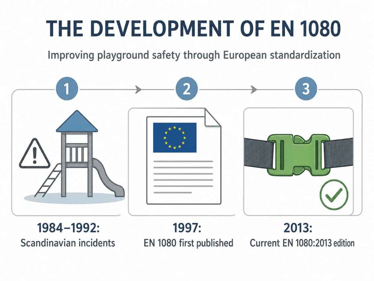 Timeline infographic showing Scandinavian incidents, EN 1080 first publication in 1997, and current EN 1080:2013 edition.
