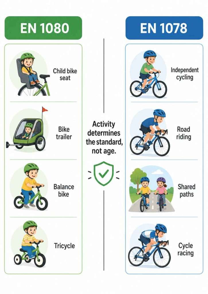 Activity guide infographic showing when parents may choose EN 1080 or EN 1078 children’s bicycle helmets.